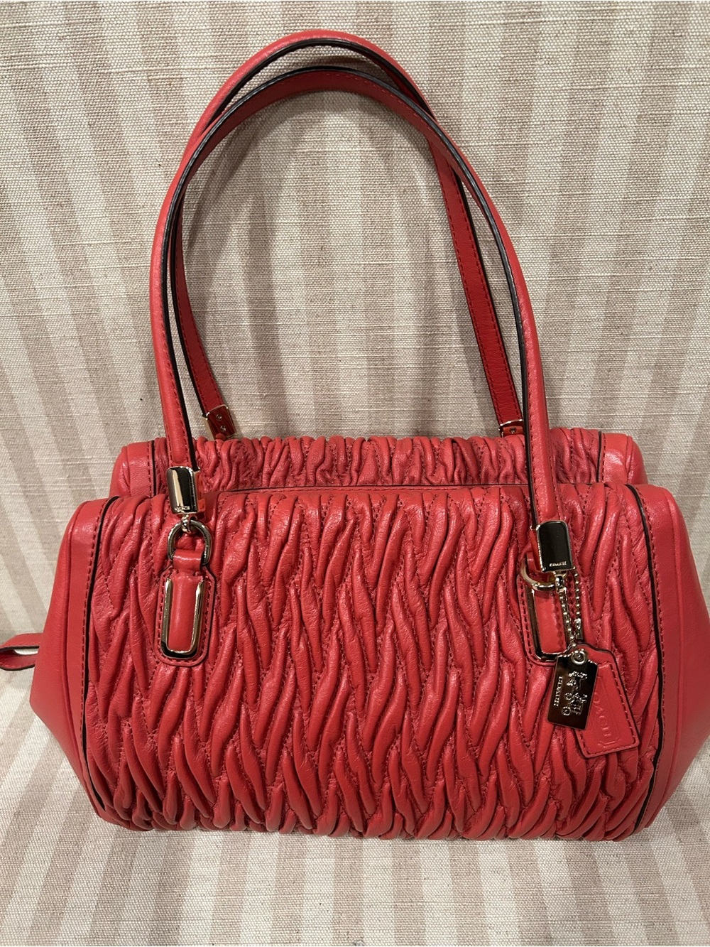 Coach Coral Red Ruched Leather Shoulder Bag with Gold Hardware